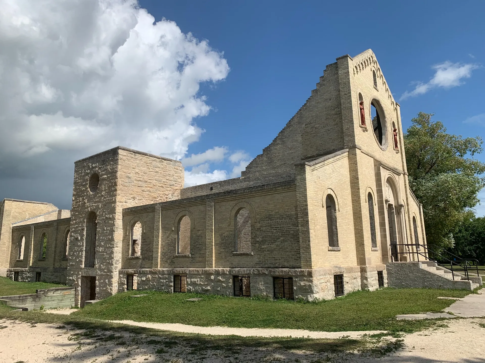 Historic monastery ruins at St Norbert Arts Centre in Winnipeg prepared for an outdoor wedding ceremony